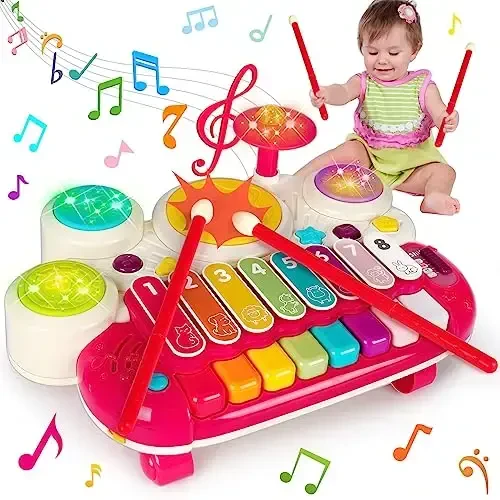 AugToy 3 in 1 Musical Toys for Toddlers 1-3 Piano Xylophone Drum Set Toys for 1 2 3 Year Old Girls Birthday Music Instruments Baby Learning Developmental Sensory Toys Toddler Toys Age 1-2 2-3 - 1