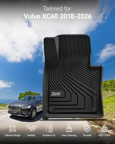 3W Floor Mats & Cargo Liner Fit Volvo XC60 2018-2024 2025 2026 (Not For Hybrid or PHEV) TPE All Weather Custom Fit T5 T6 Momentum Full Set Harmless Heavy Duty Floor Liner and Trunk Mat Car Accessories - 3W (1)