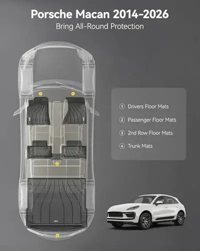 3W Floor Mats & Cargo Liner for Porsche Macan 2014-2025 2026 TPE All Weather Custom Fit Floor Liner for Macan Full Set Car Liner Black - 2