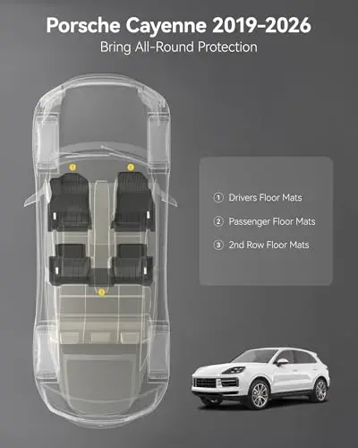 3W Floor Mats Fit Porsche Cayenne 2019-2025 2026 (5 PCS), TPE All Weather Custom Fit Floor Liner for Porsche Cayenne 1st and 2nd Row 5 PCS Car Mats, Black - 2