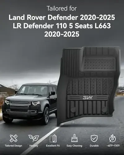 3W Коврики и поддон для багажника подходят для Land Rover/Range Rover Defender 110 (только 4 двери 5 мест) 2020-2024 2025 (не для Defender 110s/резиновый пол), TPE Всепогодный полный комплект ковриков, черный - 2