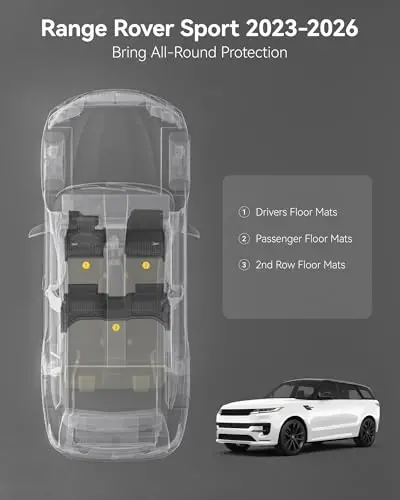3W Pol Mats Range Rover Sport 2023 2024 2025 (Range/Land Rover Discovery Sport uchun emas) TPE barcha ob-havo sharoitlariga moslashtirilgan Land Rover Sport 1 va 2-qator avtomobil qoplamalari qora - 2