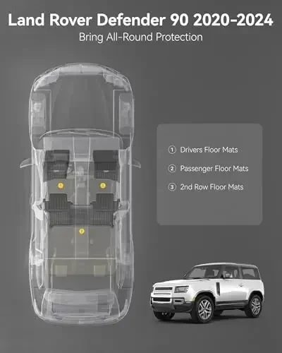 3W Range Rove Defender 90 2020-2024 2025 uchun pol gilamlari TPE har qanday ob-havoga moslashtirilgan pol qoplamasi Range Rove Defender 90 1 va 2-qator to'liq komplekt avtomobil gilamlari, qora - 3