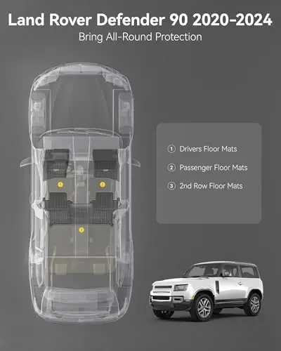 3W Range Rove Defender 90 2020-2024 2025 uchun pol gilamlari TPE har qanday ob-havoga moslashtirilgan pol qoplamasi Range Rove Defender 90 1 va 2-qator to'liq komplekt avtomobil gilamlari, qora - 3