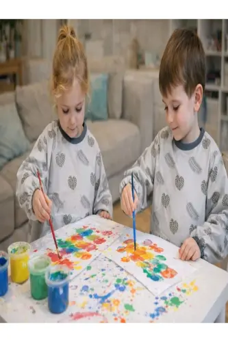 4-7 Лет Водонепроницаемый Фартук с Длинными Рукавами для Детских Занятий и Рисования - Бежевый Лист 