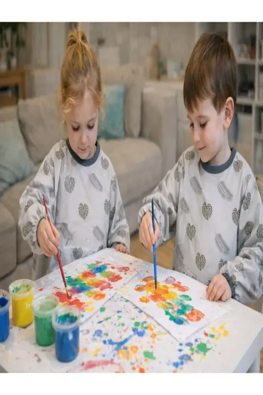 4-7 Лет Водонепроницаемый Фартук с Длинными Рукавами для Детских Занятий и Рисования - Бежевый Лист - AŞKIN PARTI EVI