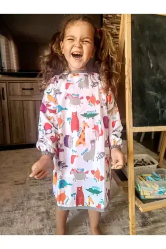 4-7 Yaş Zooo.Su Geçirmez, Uzun Kollu Çocuk Faaliyet Aktivite Boyama Önlüğü-Turuncu - 1