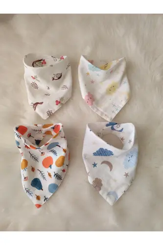 4 Adet %100 Organik Pamuk Çift Katlı Iki Çıtçıtlı Müslin Bebek Fular & Salya Önlük - 3BABY (1)