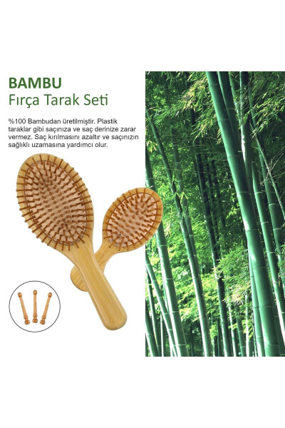 4 Adet Doğal Bambu Fırça Tarak Seti %100 Bambu Orjinal Set - 3