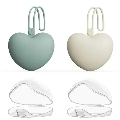 4pcs Pacifier Holder Case Set, 2pcs Silicone Portable Pacifier Pouch and 2pcs Transparent Pacifier Storage Container, Cute Heart Shape Pacifier Storage Case for Newborn Baby（Green+Khaki） - 1