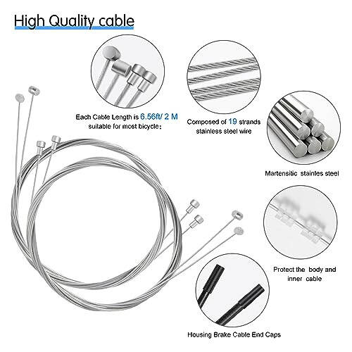 4PCS Universal Bike Brake Cable,Replaceable Brake Inner Wire Cable, Include Free Cable Cap End Crimps O-Rings Accessories, Professional Bicycle Brake Line For Mountain Bikes MTB or Road Bikes, 2M Long - 2