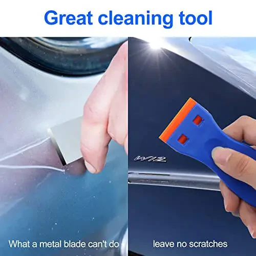4 Pcs Plastic Razor Blade Scraper and 100 Pcs Blades, Remove Label Decal Tool， Forwithout Scratches Plastic Razor Blade Scraper, Adhesive Remover for Stickers, Gaskets and Paints on Window Car Glass - 5