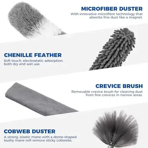 4 Adet Temizlik Bezleri, 2'si 1 Arada Mikrofiber Bezler ve Geri Çekilebilir Boşluk Toz Temizleyici, 1 Mikrofiber Toz Bezi Uzun Saplı 30-100 İnç Uzatma Çubuğu ile Tavan Vantilatörü Temizlik Malzemeleri - 3