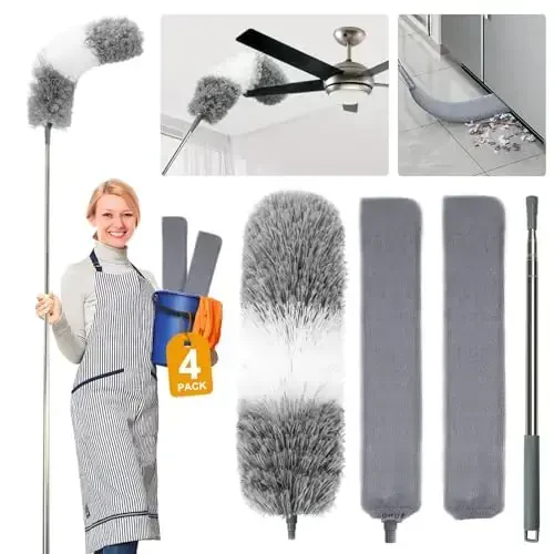 4 Adet Temizlik Bezleri, 2'si 1 Arada Mikrofiber Bezler ve Geri Çekilebilir Boşluk Toz Temizleyici, 1 Mikrofiber Toz Bezi Uzun Saplı 30-100 İnç Uzatma Çubuğu Tavan Vantilatörü Temizlik Malzemeleri - 1