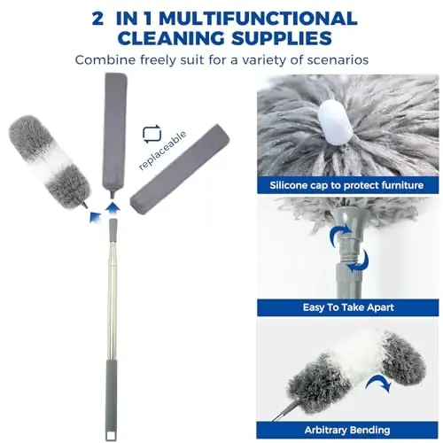 4 Adet Temizlik Bezleri, 2'si 1 Arada Mikrofiber Bezler ve Geri Çekilebilir Boşluk Toz Temizleyici, 1 Mikrofiber Toz Bezi Uzun Saplı 30-100 İnç Uzatma Çubuğu Tavan Vantilatörü Temizlik Malzemeleri - 3