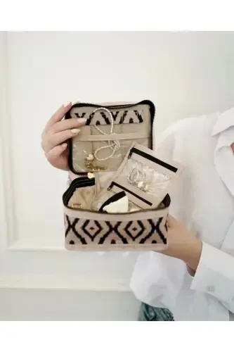 4 bo'limli Makiyaj sumkasi Kosmetik Makiyaj sumkasi to'plami | Parvarish Sayohat Makiyaj Kosmetik Organayzer Sumkasi-Bej - 4