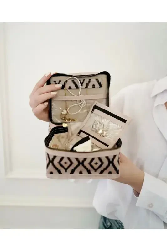 4 bo'limli Makiyaj sumkasi Kosmetik Makiyaj sumkasi to'plami | Parvarish Sayohat Makiyaj Kosmetik Organayzer Sumkasi-Bej - 4