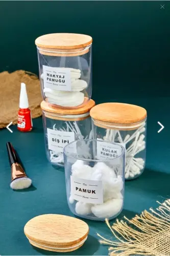 4-Compartment Wooden Lidded Cotton Swab & Cotton & Makeup Remover & Dental Floss Storage Box 400ml Acrylic Set - 1