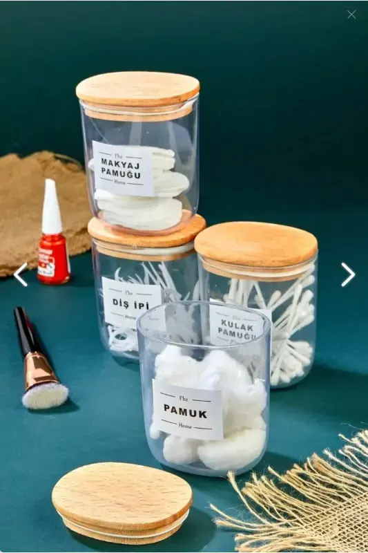 4-Compartment Wooden Lidded Cotton Swab & Cotton & Makeup Remover & Dental Floss Storage Box 400ml Acrylic Set - FBZHOME