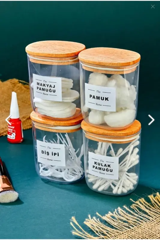 4-Compartment Wooden Lidded Cotton Swab & Cotton & Makeup Remover & Dental Floss Storage Box 400ml Acrylic Set - 2