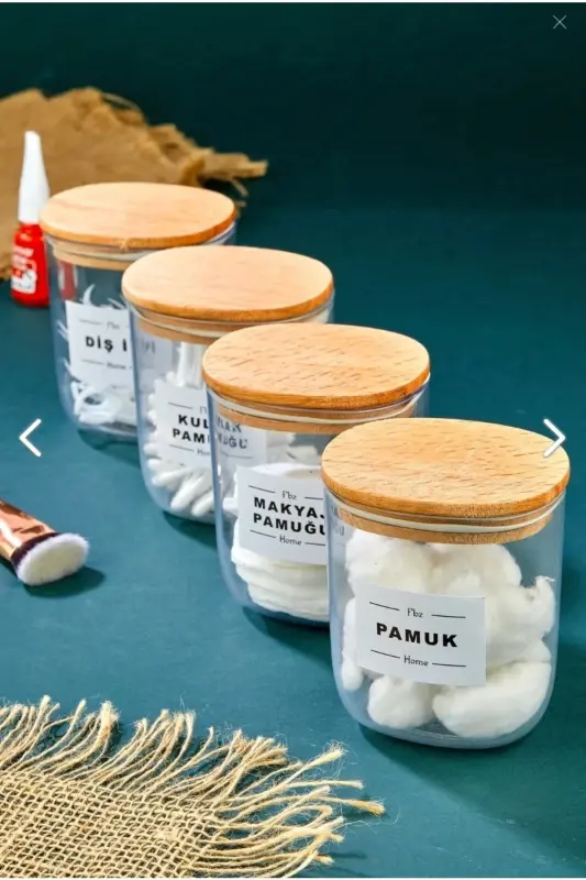 4-Compartment Wooden Lidded Cotton Swab & Cotton & Makeup Remover & Dental Floss Storage Box 400ml Acrylic Set - 3