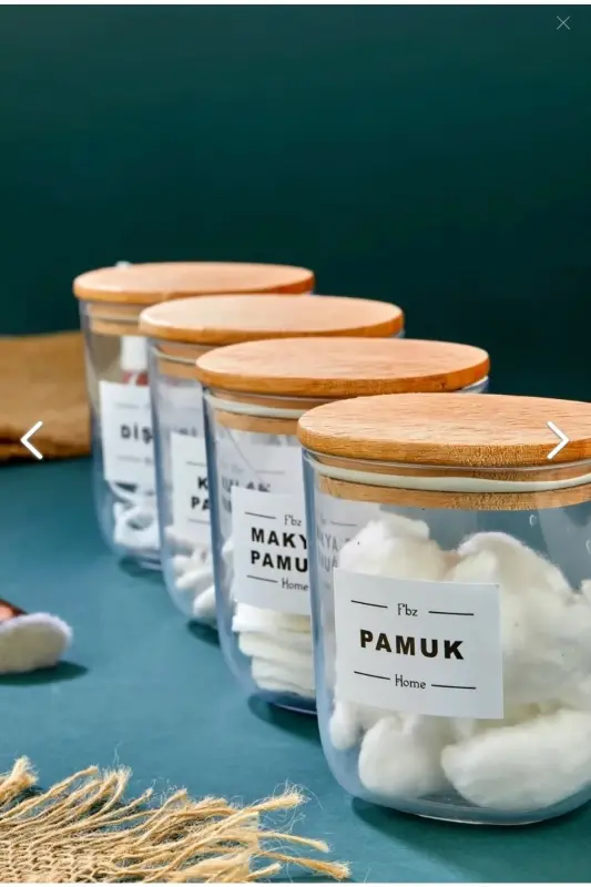 4-Compartment Wooden Lidded Cotton Swab & Cotton & Makeup Remover & Dental Floss Storage Box 400ml Acrylic Set - 4