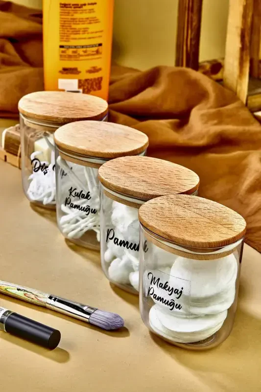 4 Compartment Wooden Lidded Cotton Swab&cotton&makeup Cotton&dental Floss Storage Box/organizer 400 Ml - 1