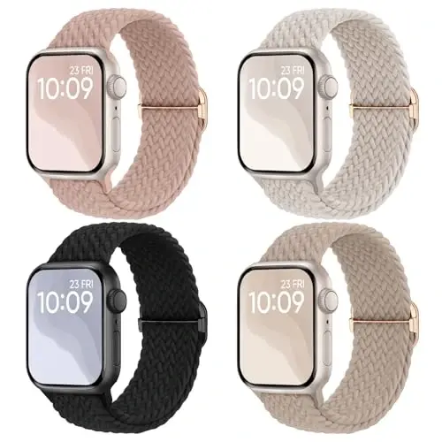 4 dona cho'ziluvchan tasma Apple Watch Band 38mm 40mm 41mm 42mm 44mm 45mm 49mm ayollar uchun mos keladi, iWatch Series 9 8 7 6 5 4 3 2 1 SE Ultra uchun o'ralgan elastik tasma neylon yagona halqa bilaguzuk - MODAZONE