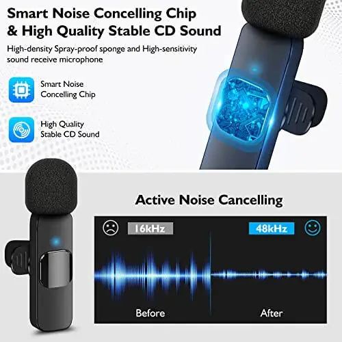 4 in 1 Professional Wireless Lavalier Microphone - 2 Pack Mini Microphone for iPhone Android Camera, Noise Reduction Lapel Mic Ultra Low Delay for Video Recording, YouTube, Interview, Tiktok and Vlog - 12