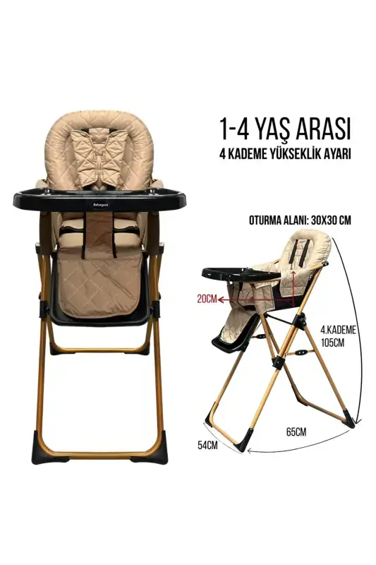 4 Kademe Ayarlanabilen, 5 Noktalı Emniyet Kemerli, Yemek Tablalı, Katlanabilir Mama Sandalyesi-Gold - BEBEGOLD