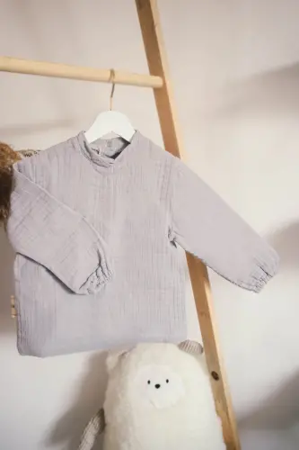 4 kat Müslin %100 Pamuk Bebek - Çocuk Sweatshirt-Gri 