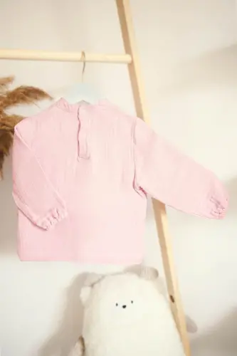 4 Kat Müslin %100 Pamuk Çocuk Uzun Kollu Sweatshirt-pantolonlu Alt-üst Takım-Pembe - 3