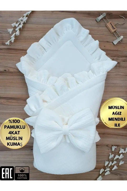 Beyaz 4 Kat Müslin Bebek Battaniyesi Doğal Organik Uyku Kundağı Hastane Çıkışı Yenidoğan Mevsimlik - BEYAZ - 6