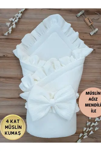Beyaz 4 Kat Müslin Bebek Battaniyesi Doğal Organik Uyku Kundağı Hastane Çıkışı Yenidoğan Mevsimlik - BEYAZ - 8