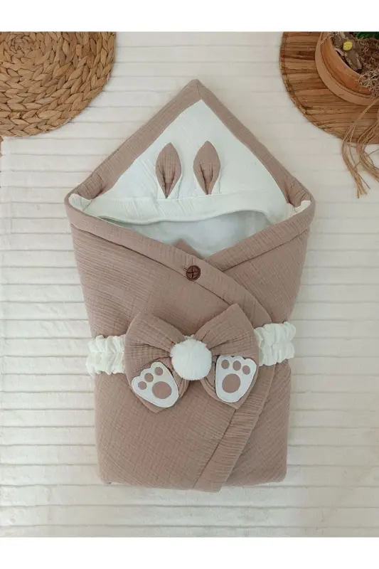 4 Kat Müslin Sütlü Kahve Bebek Kundağı Unisex Dış Kundak Battaniyesi Hastane Çıkışı Hediyelik-SÜTLÜ KAHVE - 2