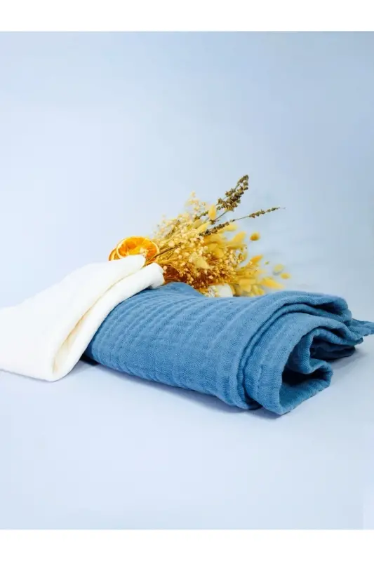 2’li Müslin Bebek Seti | 4 Katlı Indigo Battaniye (100x100) + 2 Katlı Omuz Bezi (50x50) | %100 Pamuk - İndigo Mavisi - 7