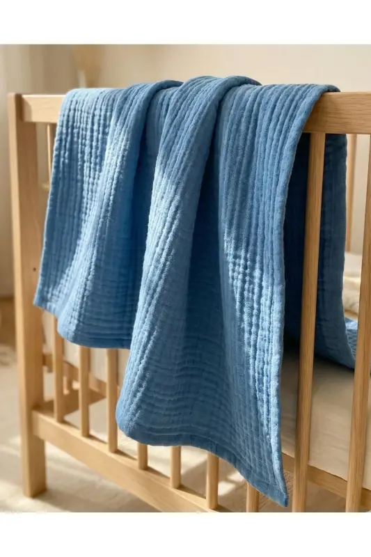 2’li Müslin Bebek Seti | 4 Katlı Indigo Battaniye (100x100) + 2 Katlı Omuz Bezi (50x50) | %100 Pamuk - İndigo Mavisi - 6