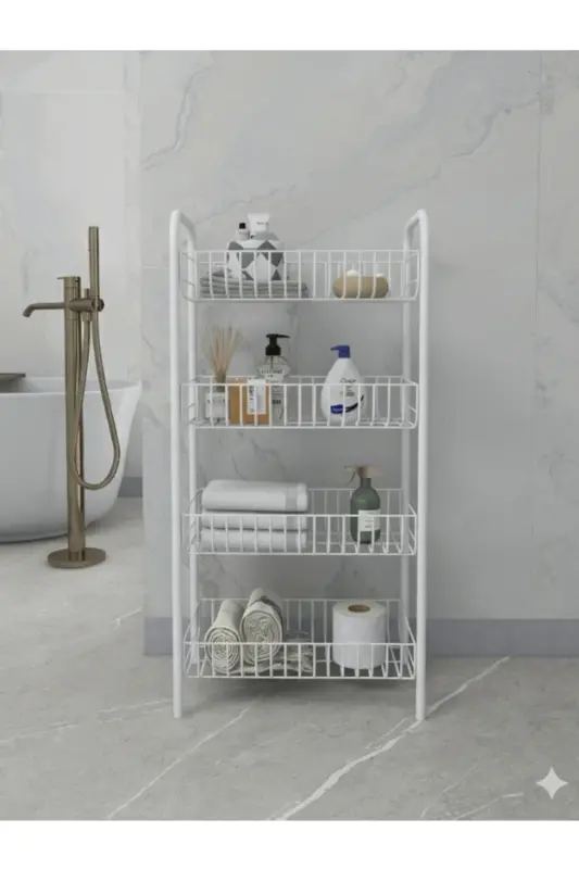 4 Katlı Banyo Metal Raf Banyo Düzenleyici Çok Amaçlı Metal Raf (80x40x23 cm. )-4 Katlı Beyaz - 1
