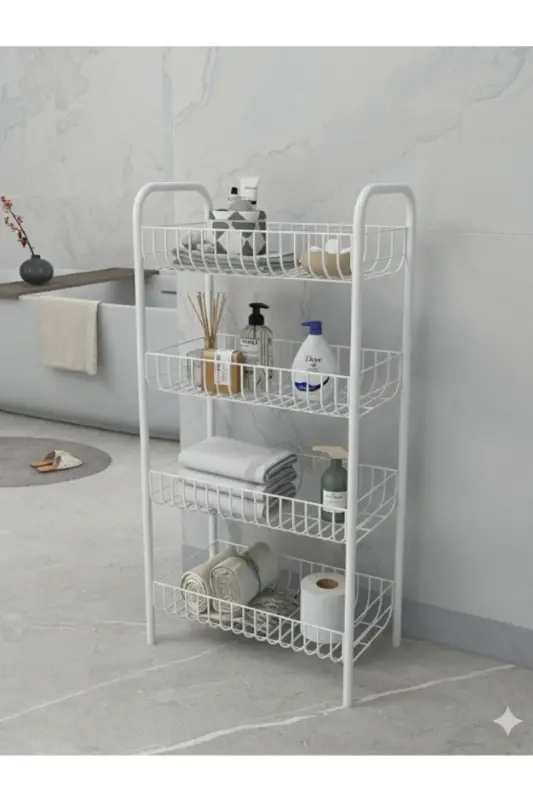 4 Katlı Banyo Metal Raf Banyo Düzenleyici Çok Amaçlı Metal Raf (80x40x23 cm. )-4 Katlı Beyaz - 3