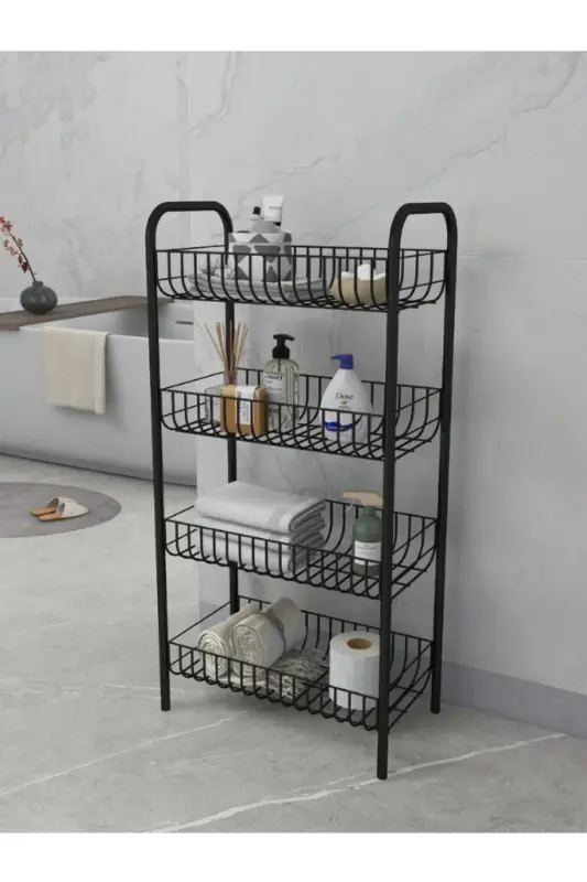 4 Katlı Banyo Metal Raf Banyo Düzenleyici Çok Amaçlı Metal Raf (80x40x23 cm. )-4 Katlı Siyah - 3