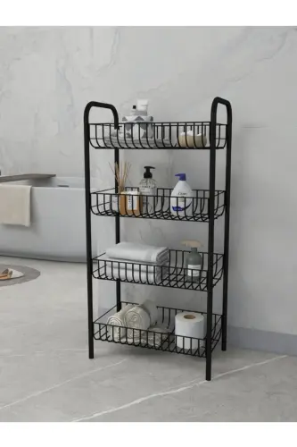 4 Katlı Banyo Metal Raf Banyo Düzenleyici Çok Amaçlı Metal Raf (80x40x23 cm. )-4 Katlı Siyah - EMKATEX (1)