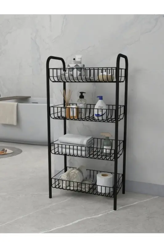 4 Katlı Banyo Metal Raf Banyo Düzenleyici Çok Amaçlı Metal Raf (80x40x23 cm. )-4 Katlı Siyah - 2