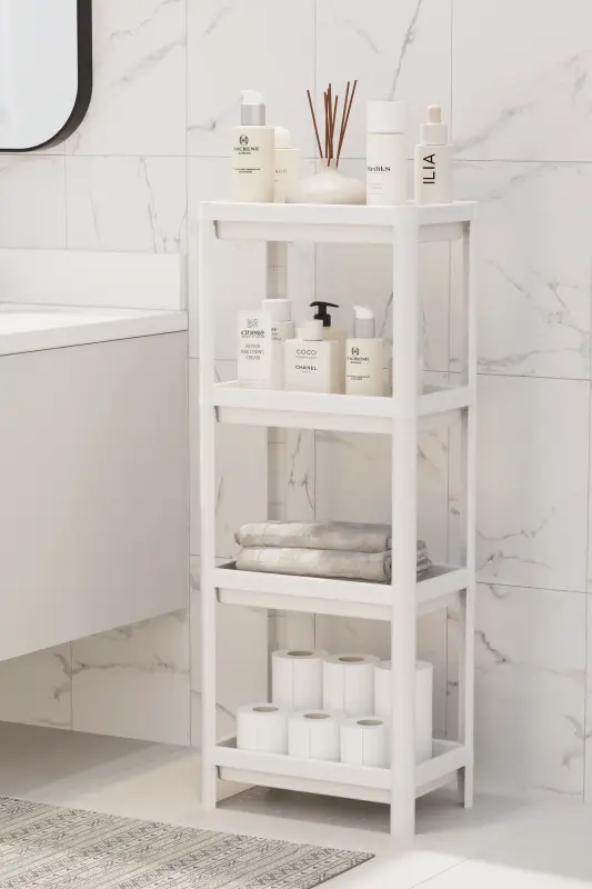 4 Katlı Banyo Raf Ünitesi Beyaz Banyo Düzenleyici Şampuanlık Havluluk Dolap-BEYAZZ - 1