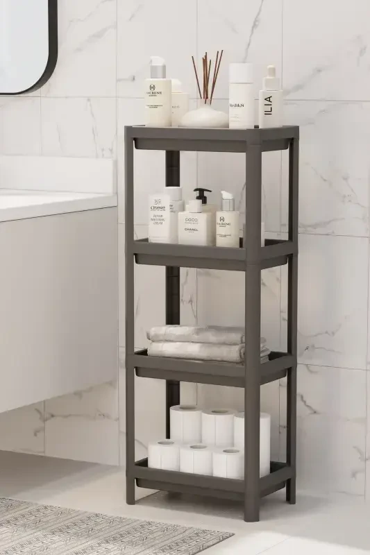 4 Katlı Banyo Raf Ünitesi Siyah Banyo Düzenleyici Şampuanlık Havluluk Dolap-Siyah - 1
