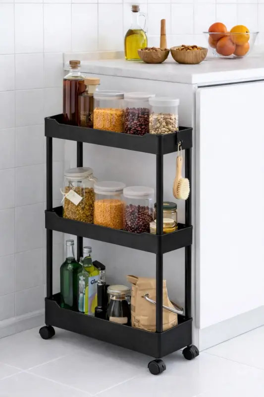 3 Katlı Slim Tekerlekli Banyo Rafı Çok Amaçlı Raf Ünitesi Mutfak Rafı Dolap Düzenleyici Organizer - Siyah - 3