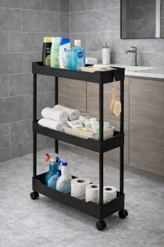 3 Katlı Slim Tekerlekli Banyo Rafı Çok Amaçlı Raf Ünitesi Mutfak Rafı Dolap Düzenleyici Organizer - Siyah - 4
