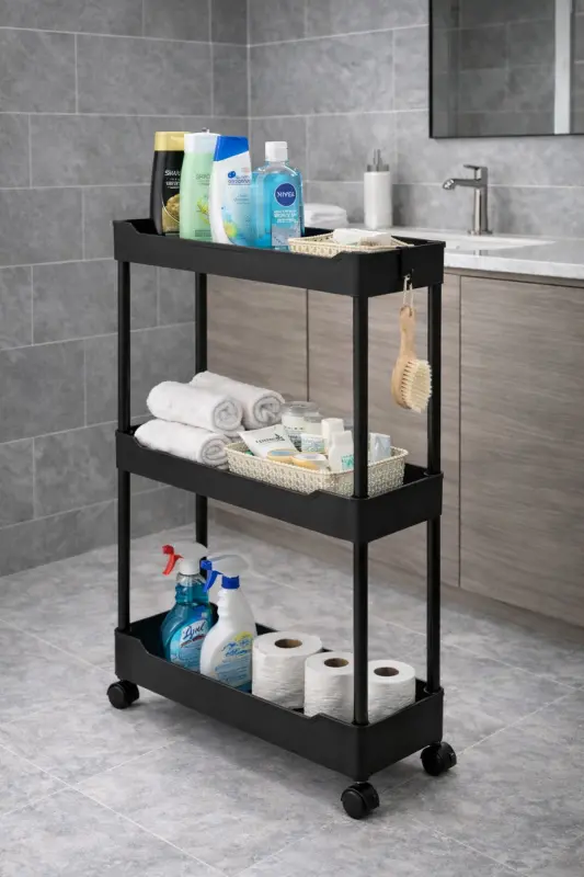 3 Katlı Slim Tekerlekli Banyo Rafı Çok Amaçlı Raf Ünitesi Mutfak Rafı Dolap Düzenleyici Organizer - Siyah - 4