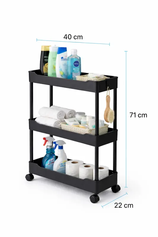 3 Katlı Slim Tekerlekli Banyo Rafı Çok Amaçlı Raf Ünitesi Mutfak Rafı Dolap Düzenleyici Organizer - Siyah - 5