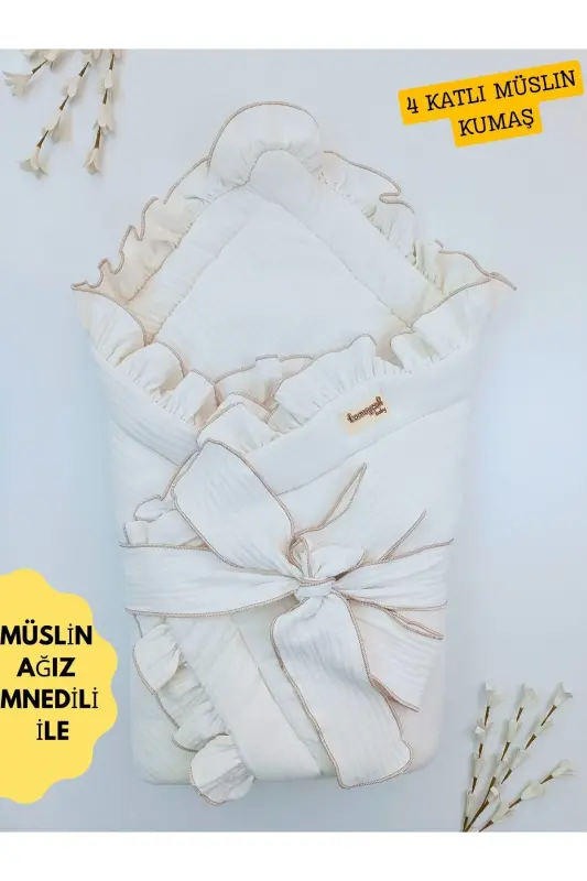 4 Katlı Müslin Bebek Battaniyesi Ekru Kız Erkek Bebek Dış Kundak Hastane Çıkışı Hediyelik Yenidoğan - EKRU - 6