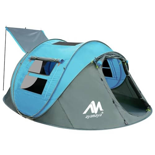 AYAMAYA Waterproof 4 Person Pop Up Tent for Camping with Skylight & Rainfly | Instant Setup, Double-layer Anti-condensation, Porch Poles Included, 2 Doors, Large Size for Family 2-4 People Hiking, Beach - 1